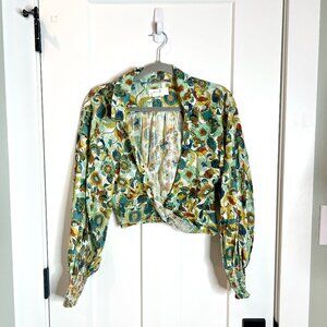 Anthropologie Boho Twist Tie Top Balloon Puff Sleeves Cotton Floral Size XS